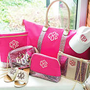 monogrammed hot pink confetti collection with weekender bag and cosmetic bags