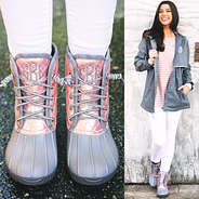 monogrammed rose gold duck boots with new england rain jacket