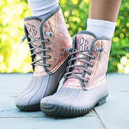 rose gold and gray duck boots with white socks