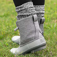 back of silver monogrammed heathered duck boots with black duck boot socks