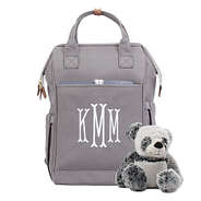 gray monogrammed diaper bag with panda bear