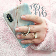silver phone ring with pink sherpa pullover