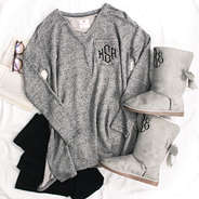 cozy outfit with monogrammed hankerchief tunic in charcoal and monogrammed booties