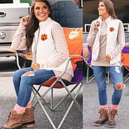 clemson puffy vest with jeans and duck boots