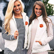 clemson puffy vests with striped layering tees