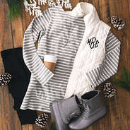 gray striped tunic with monogrammed puffy vest and duck boots