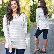 two way gray striped tunic with criss cross side and scoopneck side