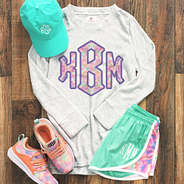 monogrammed terry pullover with tie dye design and monogrammed running shorts