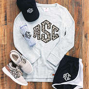 monogrammed terry pullover with leopard design and athletic shorts