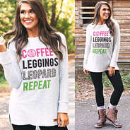 coffee leggings leopard repeat terry pullover with duck boots