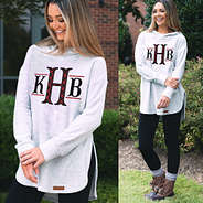 monogrammed terry hoodie with side slits and buffalo plaid monogram