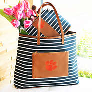 clemson embroidered overnight tote bag in black and white stripe