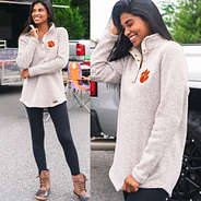 front and side views of clemson heathered oatmeal pullover tunic at tailgate