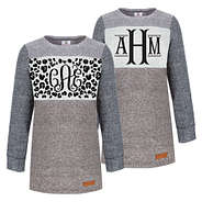 colorblock terry pullover with leopard print and fishtail monograms