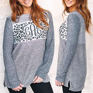 front and side views of monogrammed colorblock pullover with leopard monogram