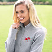 blonde wearing 1/4 zip richmond spiders pullover sweatshirt