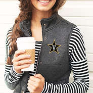 up close view of vanderbilt heathered quilted vest in black