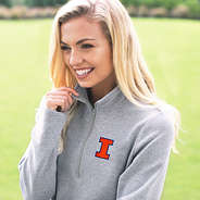 blonde wearing 1/4 zip illinois pullover sweatshirt