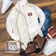 mississippi state gameday outfit with puffy vest and duck boots