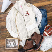 alabama gameday outfit with puffy vest and duck boots