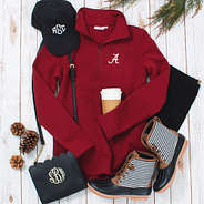 alabama pullover sweatshirt in crimson with black striped duck boots