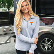 blonde wearing tennessee pullover sweatshirt