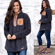 front and side of charcoal sherpa pullover tunic