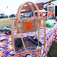 clear tote with clemson embroidered pouch inside at clemson tailgate