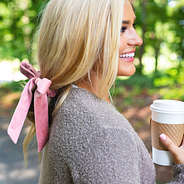 pink velvet bow scrunchie with coffee