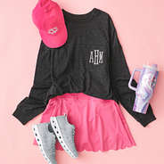 charcoal monogrammed long sleeve shirt with tumbler and skort
