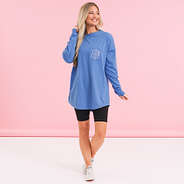 monogrammed cornflower long sleeve shirt with biker shorts