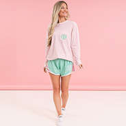 blush monogrammed long sleeve shirt with running shorts