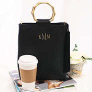 black monogrammed bamboo ring handle tote purse with coffee