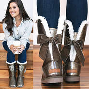 bronze glitter monogrammed sherpa tie booties with bows in back