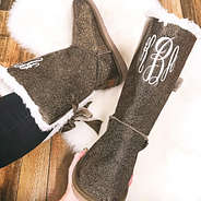 Brown Glitter Sherpa Tie Booties with Velvet Tie Back
