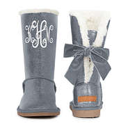 monogrammed glitter sherpa tie boots in silver