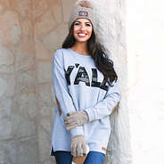 matching brown knit beanie and gloves with y'all sweatshirt