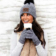 brunette wearing matching charcoal knit beanie and gloves