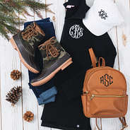 camo duck boots with monogrammed pullover sweatshirt