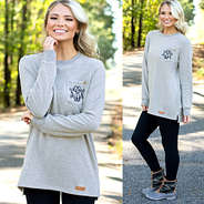 gray monogrammed crewneck sweatshirt with monogrammed camo duck boots