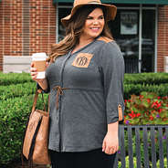 monogrammed charcoal 3/4 length sleeve top with drawstring waist