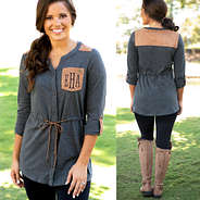 monogrammed charcoal tunic with cinched waist and suede detailing