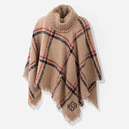 Monogrammed Plaid Cowl Neck Poncho in Tan