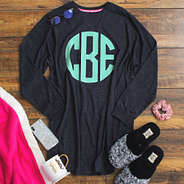 monogrammed charcoal sleep shirt with scuff slippers and monogrammed coffee mug