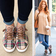 plaid sneakers outfit with v-neck sweater