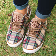 plaid canvas camel sneakers with jeans