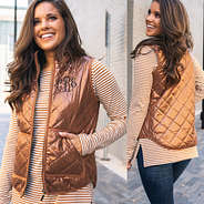 monogrammed bronze puffy vest with mustard striped tee and jeans