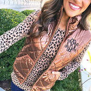 monogrammed metallic bronze vest with leopard tee
