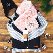 monogrammed rose gold reversible scarf with dropped hem layering tee and monogrammed reversible vest