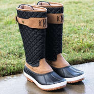 side view of black quilted rain boots